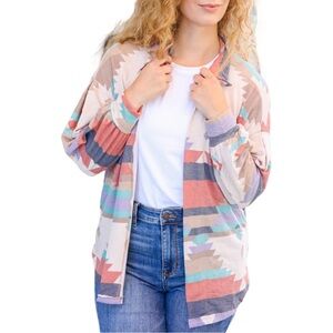 NEW BEESON RIVER LOCK EYES TAUPE AZTEC PRINT FRENCH TERRY OPEN SHACKET